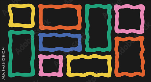 Set of abstract organic wavy frame. Playful color border with copy space. Retro aesthetic zigzag text box silhouette.