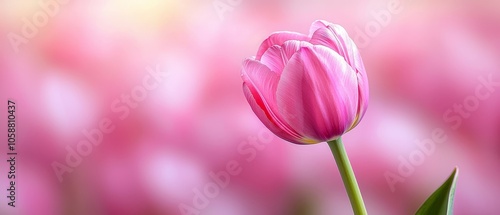  A solitary pink tulip against a blurred backdrop of pink tulps  in the foreground photo