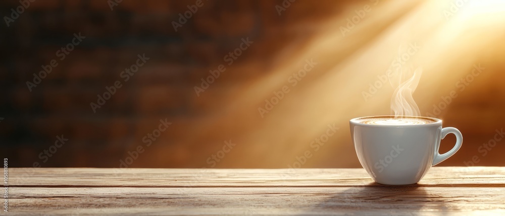 A cup of coffee on a wooden table, illuminated from above by a beam of light emanating from the cup A cup of coffee on a wooden table, illuminated from above by a beam of light emanating from the cup