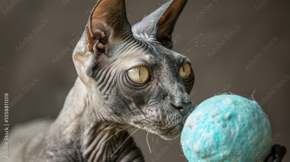 Obraz premium A hairless Sphynx cat with large ears and expressive eyes carefully examines a blue fluffy ball, showcasing its unique features in a moment of inquisitive interaction.