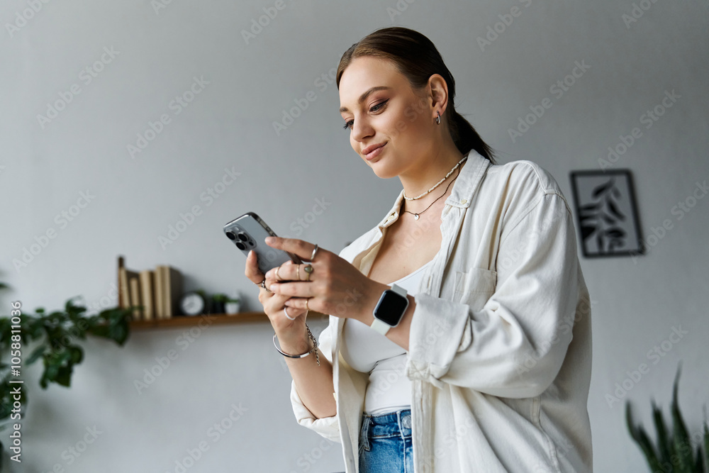 The young woman engages with her smartphone, balancing work and leisure in a cozy home setting. The young woman engages with her smartphone, balancing work and leisure in a cozy home setting.