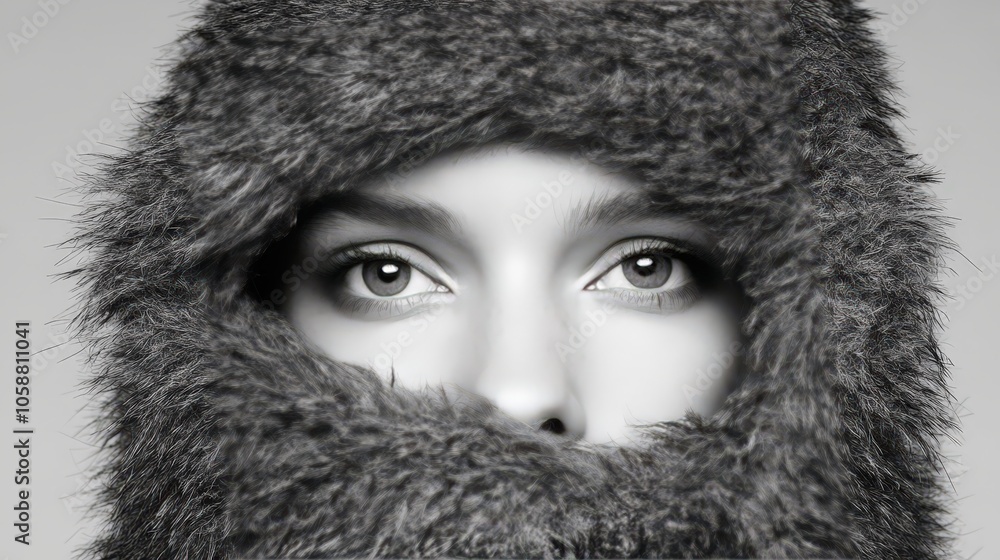 Mysterious Woman s Eyes Peeking Through Furry Hood Mysterious Woman s Eyes Peeking Through Furry Hood
