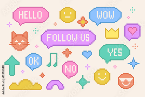 Set of pixel 8 bit elements. Pixelated pastel color speech bubbles with text. Emoticon with face and cat, stars shape on white background