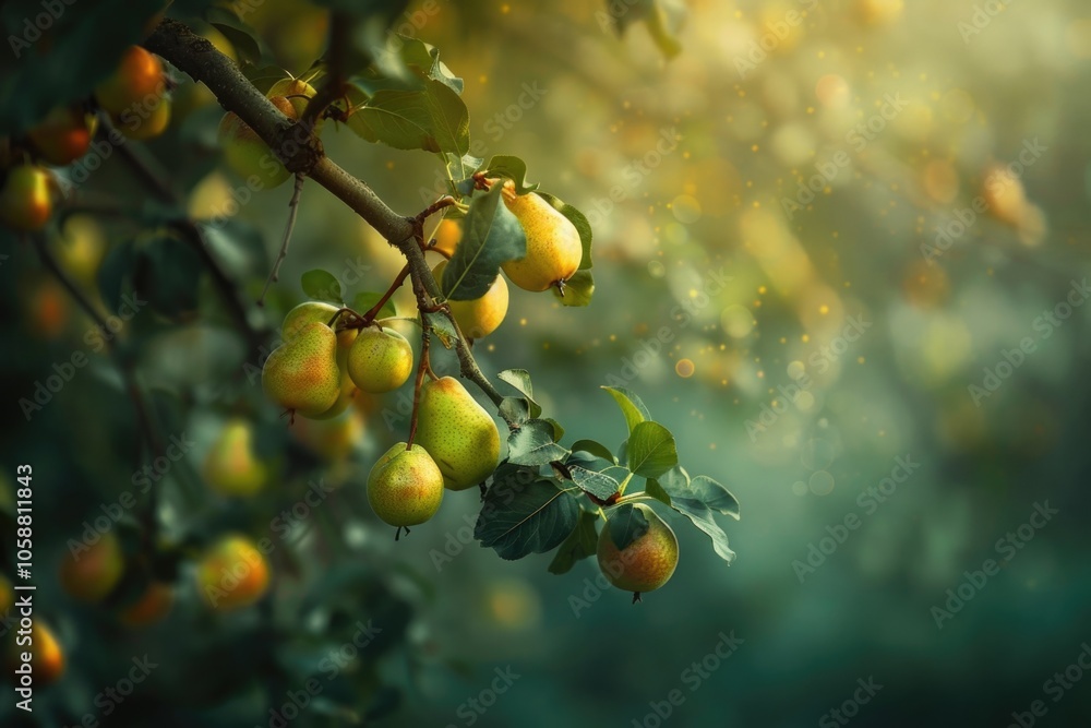 Close-up view of various fruits on a tree branch, ripe and ready to eat Close-up view of various fruits on a tree branch, ripe and ready to eat
