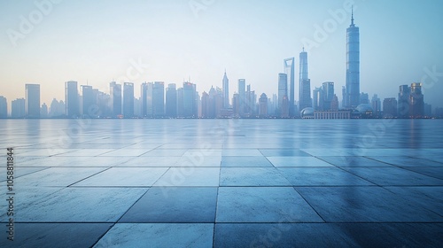 Nighttime City Center with Platforms, Roads, Parking Lot, and Brick Pavement for Car Advertisement Background