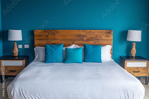 Wallpaper Mural Bedroom with blue walls and white bed and wooden backrest Torontodigital.ca