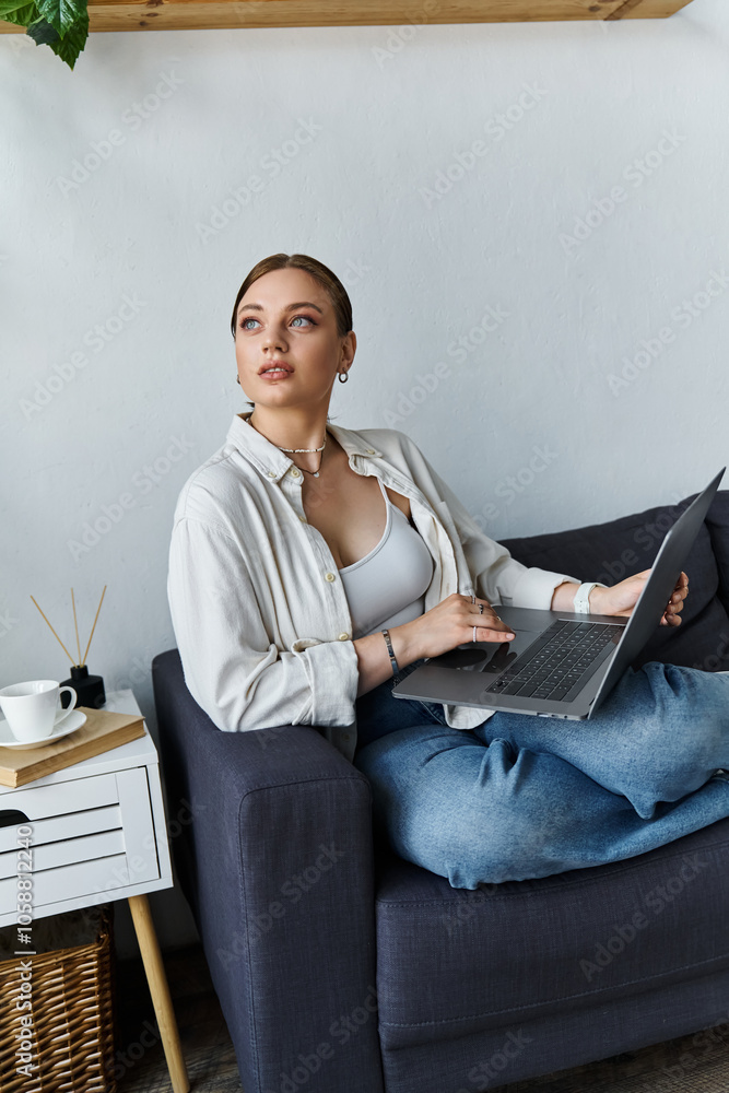 Obraz premium A young woman casually dressed sits comfortably on her couch, working intently on her laptop.