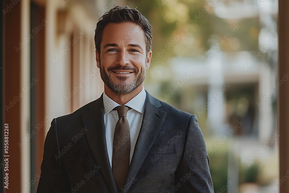 Naklejka premium Smiling Businessman in Suit and Brown Tie Standing by Window