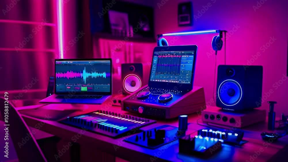 A music production setup with two laptops, speakers, and a mixer. The setup is lit in a pink and blue gradient. A music production setup with two laptops, speakers, and a mixer. The setup is lit in a pink and blue gradient.