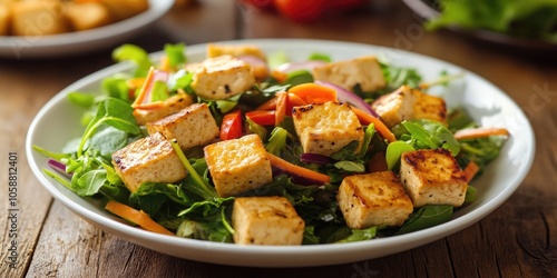 A healthy bowl of mixed greens and veggies served with cubed tofu