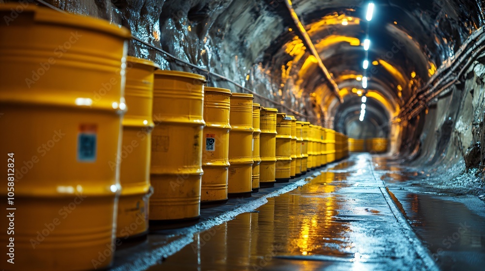 Fototapeta premium Yellow barrels in a dimly lit tunnel symbolize nuclear waste storage challenges