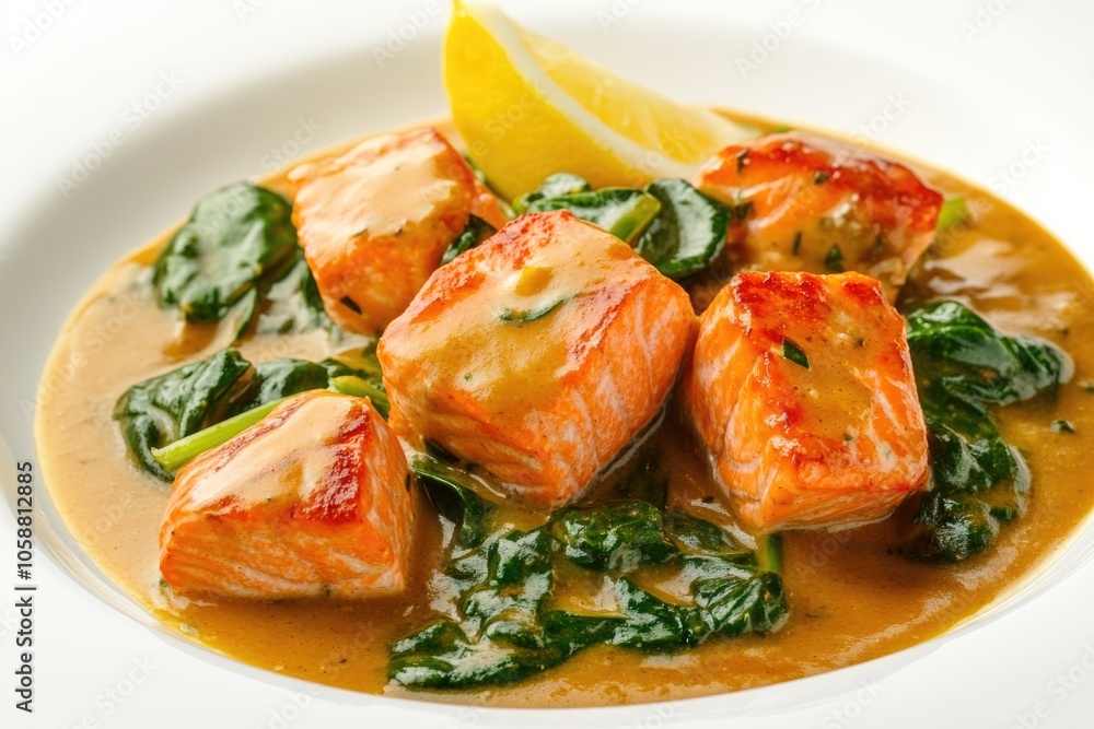 Fresh salmon fillet on top of wilted spinach leaves, served on a white plate Fresh salmon fillet on top of wilted spinach leaves, served on a white plate