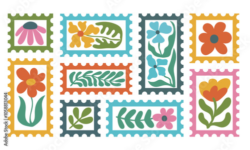 Set of post card stamp sticker set with groovy abstract bloom flower in trendy naive retro hippie 60s 70s style. Floral Nature-inspired Mail Mark