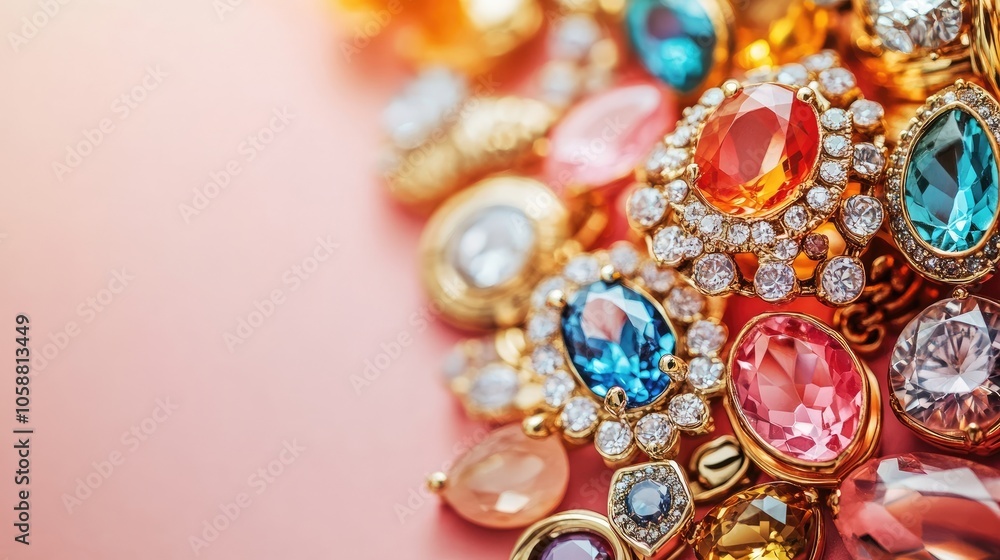 Elegant jewelry artfully arranged with rings and brooches adorned with vibrant gemstones in a minimalist setup, creating a captivating photo style with ample copy space. Elegant jewelry artfully arranged with rings and brooches adorned with vibrant gemstones in a minimalist setup, creating a captivating photo style with ample copy space.
