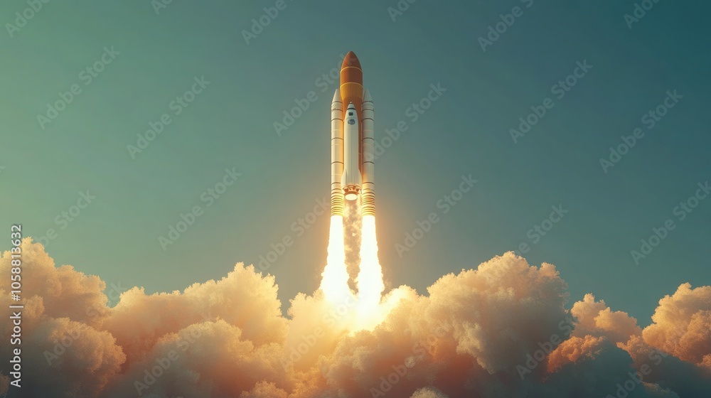 Fototapeta premium This 3D rendering of a white and orange rocket mid-launch captures the excitement of space exploration with its dynamic flames and smoke, ideal for startup and innovation themes