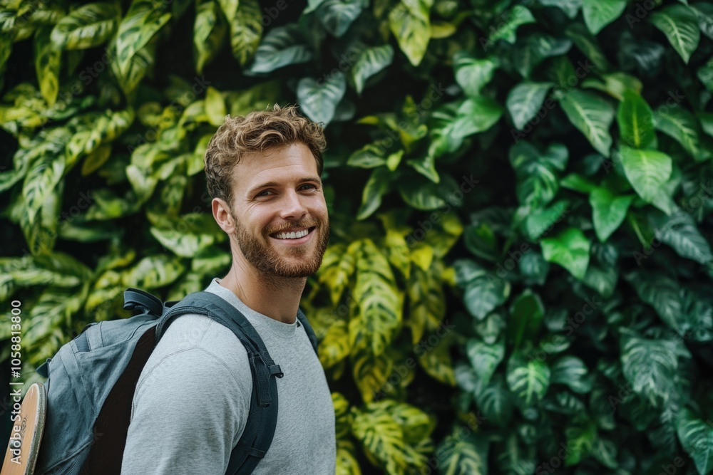 A happy traveler carrying a backpack smiles at the camera A happy traveler carrying a backpack smiles at the camera