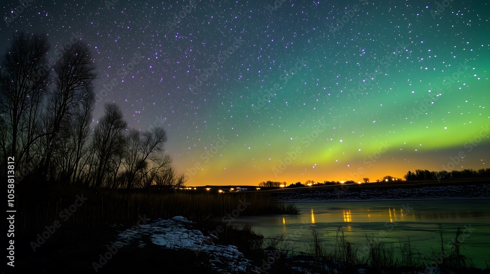Vibrant Aurora Borealis (Northern Lights) Over a Small Village and Mountain Landscape_6 Vibrant Aurora Borealis (Northern Lights) Over a Small Village and Mountain Landscape_6
