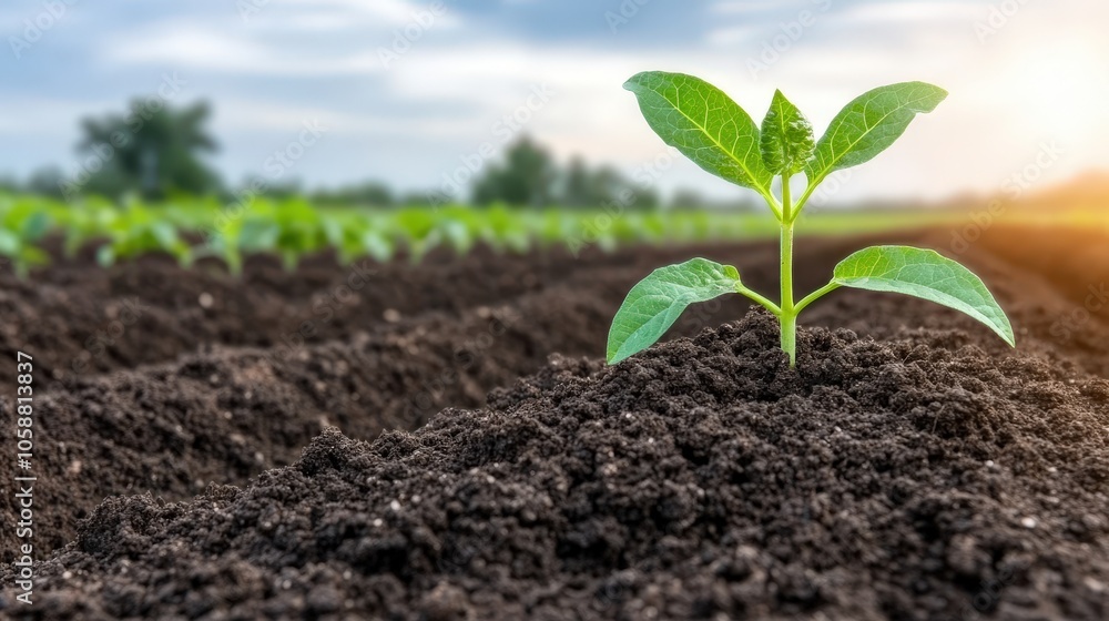 Young Green Plant Sprouting in Rich Soil Agricultural Field Closeup New Life Growth Young Green Plant Sprouting in Rich Soil Agricultural Field Closeup New Life Growth
