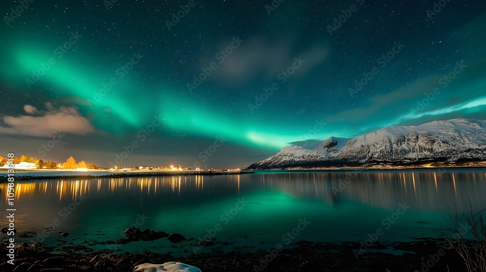 Vibrant Aurora Borealis (Northern Lights) Over a Small Village and Mountain Landscape_3 Vibrant Aurora Borealis (Northern Lights) Over a Small Village and Mountain Landscape_3