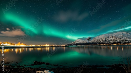 Vibrant Aurora Borealis (Northern Lights) Over a Small Village and Mountain Landscape_3