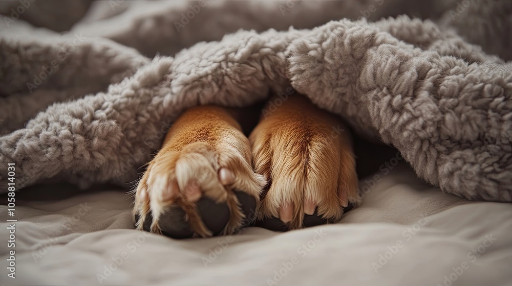 Close-up of a dog paw emerging from beneath a blanket on a bed, capturing the cozy essence of a pets presence with soft textures and inviting warmth. Ample copy space available. Close-up of a dog paw emerging from beneath a blanket on a bed, capturing the cozy essence of a pets presence with soft textures and inviting warmth. Ample copy space available.