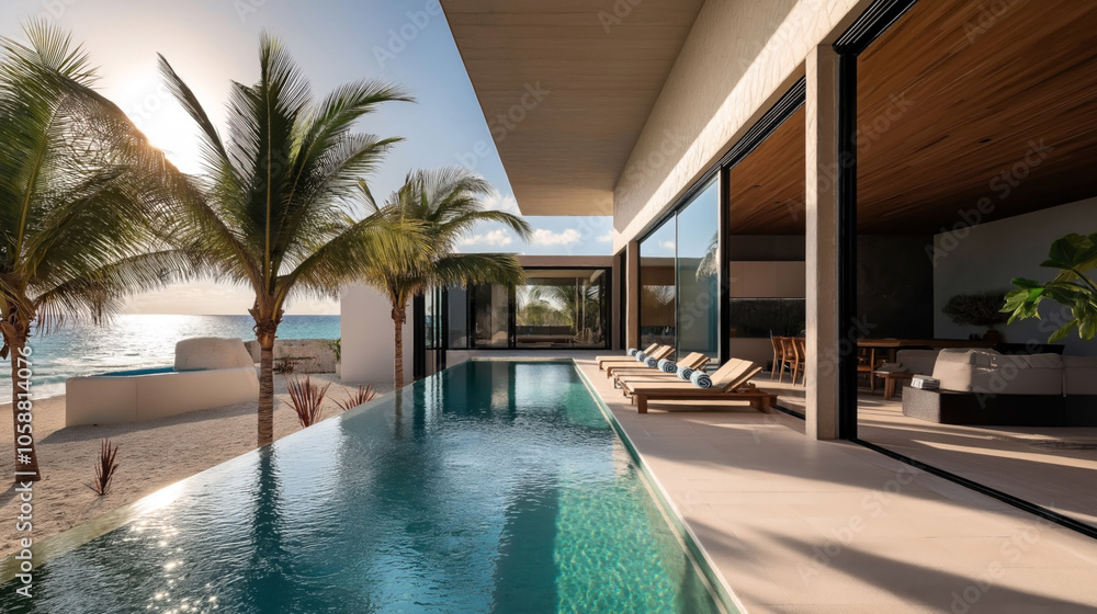 Fototapeta premium Luxury beachfront villa with infinity pool, palm trees, modern design, and open living space overlooking the ocean during sunset
