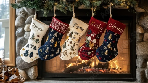 Christmas stockings personalized with family names by the fire photo