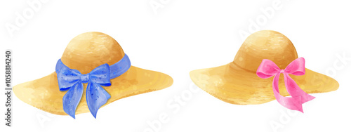 Women's hats with bows. Vector watercolor illustration of headwear for girls