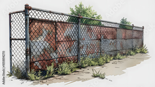 broken metal mesh fence highlighted by white, png