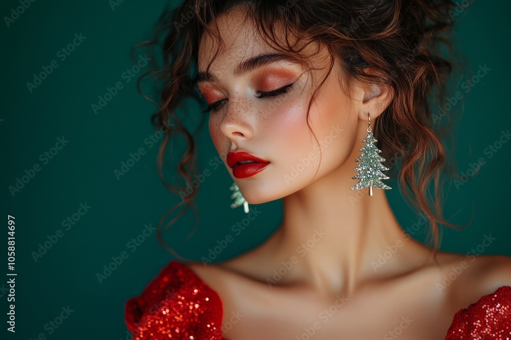 Fototapeta premium Curly woman with closed eyes in a red dress with shiny makeup and Christmas tree earrings on green background with copy space. Concept: New Year, for beauty salon, fashion, Advertising photo