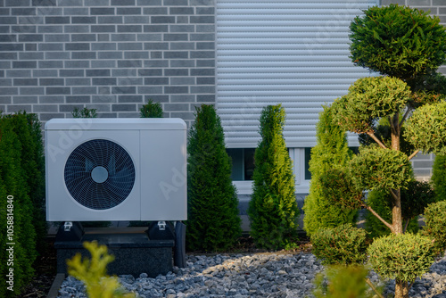 Outdoor heat pump unit set within well-kept garden of trimmed shrubs and stones, placed against brick wall with closed window shutter, forming energy-efficient residential setup. Modern heat pump. 