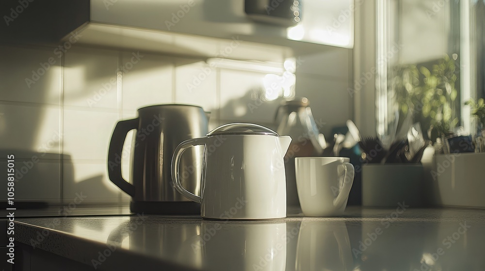Cozy Kitchen with Teapot and Mug in Morning Light Cozy Kitchen with Teapot and Mug in Morning Light