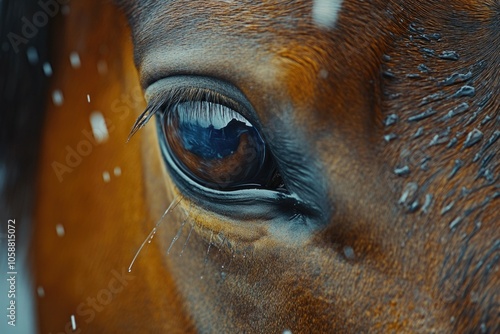 Close-up of a horse's eye surrounded by snow, perfect for winter-themed projects