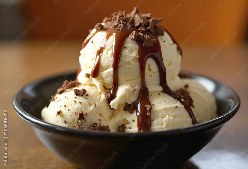 A scoop of vanilla ice cream topped with chocolate syrup, whipped cream, and chocolate shavings, served in a dark bowl A scoop of vanilla ice cream topped with chocolate syrup, whipped cream, and chocolate shavings, served in a dark bowl