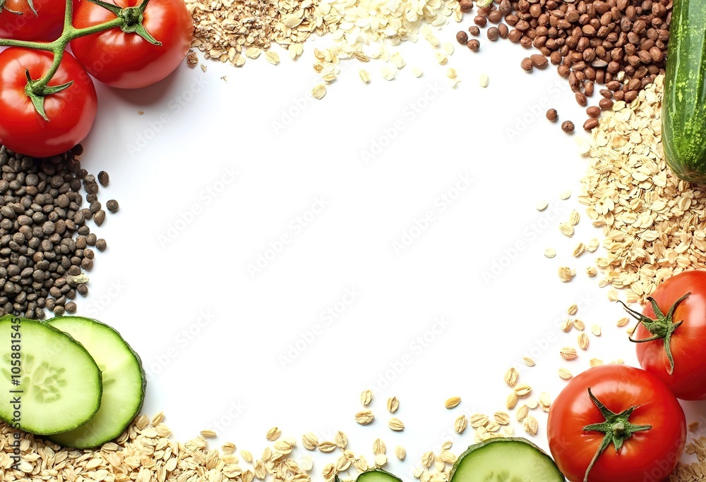 Assorted fresh vegetables and grains on a white background, including tomatoes, cucumbers, lentils, and whole grains Assorted fresh vegetables and grains on a white background, including tomatoes, cucumbers, lentils, and whole grains