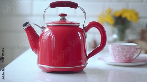 Bright Red Kettle on Kitchen Counter