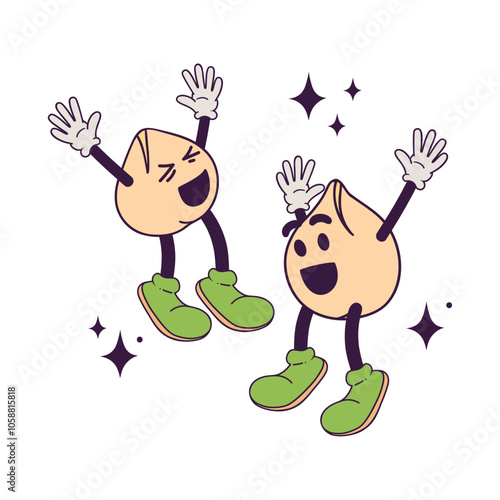 Vector hand drawn cute smiling characters jumping chickpeas on white background. Concept of healthy food and benefits of vegetables and legumes