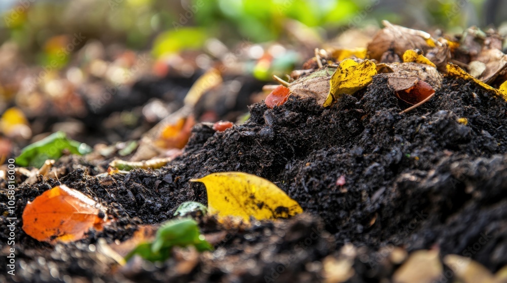 A macro photograph of the compost material, focusing on the texture and decomposition process, with the surrounding area softly blurred. A macro photograph of the compost material, focusing on the texture and decomposition process, with the surrounding area softly blurred.