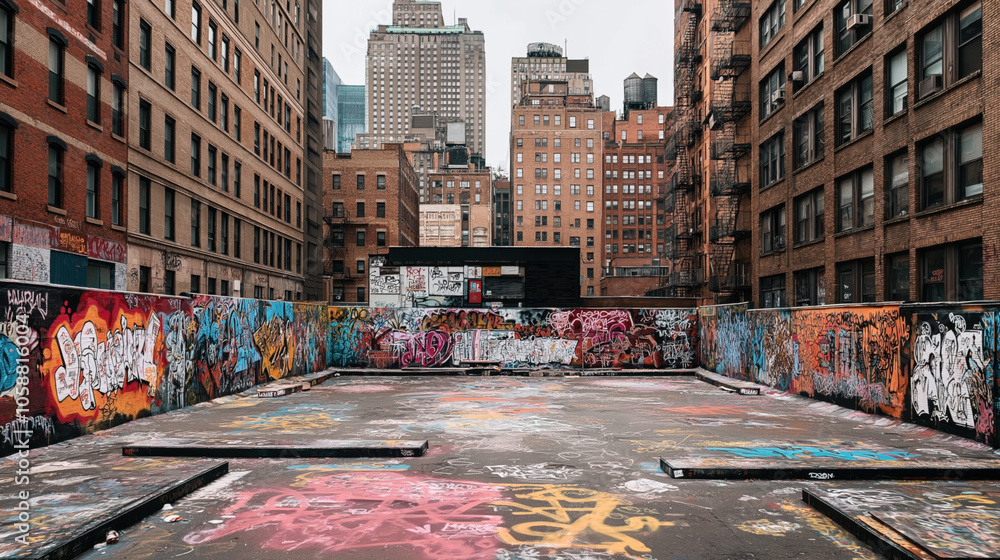 Obraz premium Urban rooftop space surrounded by brick buildings featuring colorful graffiti on walls and concrete surfaces, set against a backdrop of high-rise structures.