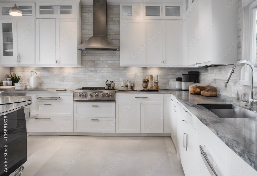 Contemporary kitchen with white cabinets stainless steel appliances and a tiled backsplash Concept C Contemporary kitchen with white cabinets stainless steel appliances and a tiled backsplash Concept C