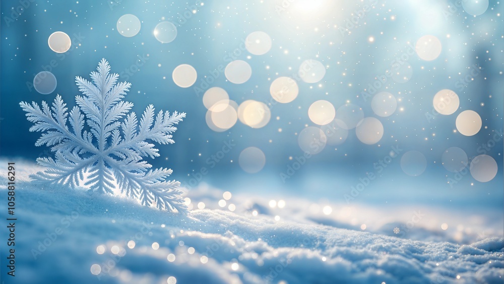 Beautiful snowflake on fresh snow with sparkling bokeh effect in winter landscape Beautiful snowflake on fresh snow with sparkling bokeh effect in winter landscape
