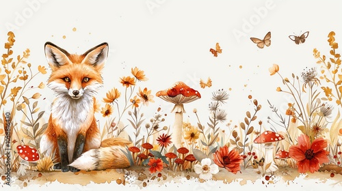 A cute fox sitting in a field of flowers and mushrooms with butterflies flying overhead. photo