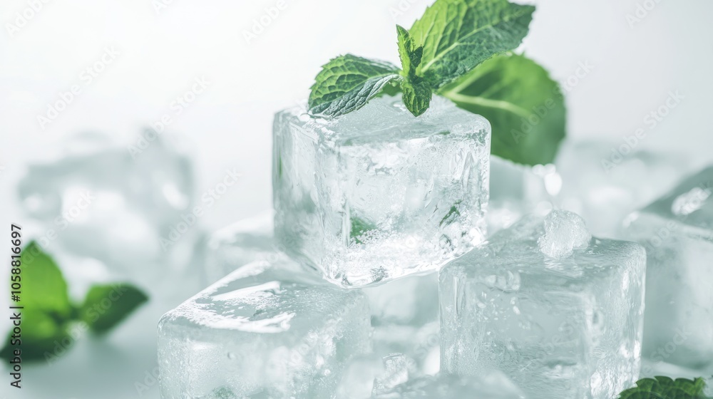 Mint Leaves on Ice Cubes Mint Leaves on Ice Cubes