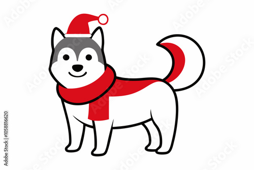  Vector Outline of A cute Husky wearing a Santa clause hat and scarf on white background.