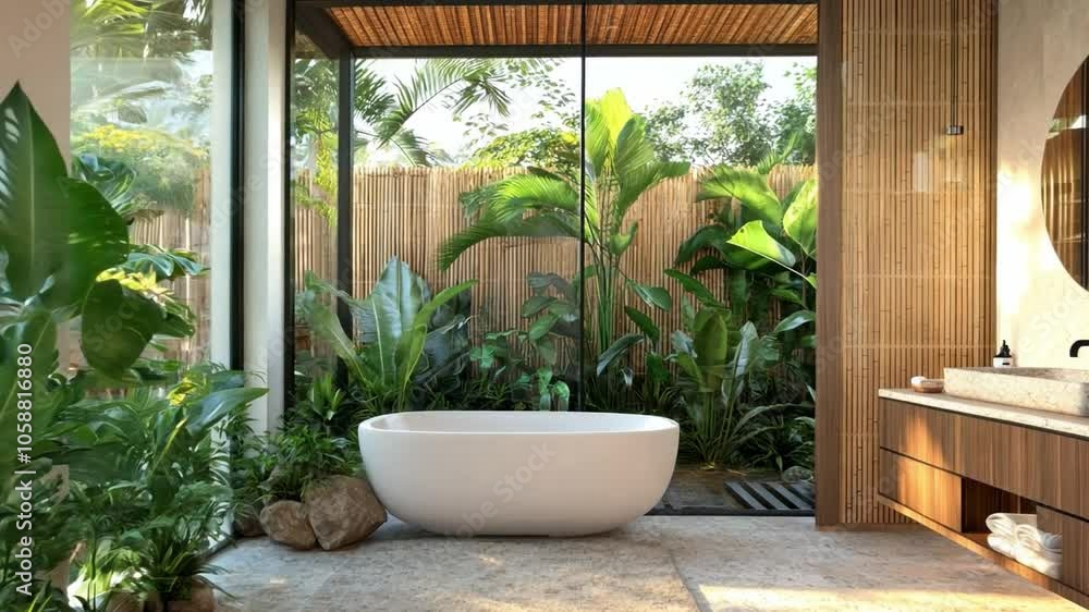 Serene bathroom retreat with a freestanding tub and lush greenery in a modern tropical home setting Serene bathroom retreat with a freestanding tub and lush greenery in a modern tropical home setting