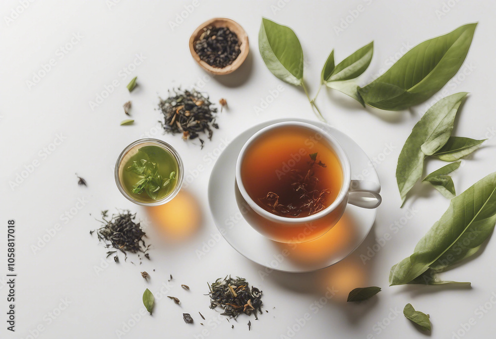 Creative layout made of cup of tea green tea black tea fruit and herbal tea on white background Flat Creative layout made of cup of tea green tea black tea fruit and herbal tea on white background Flat