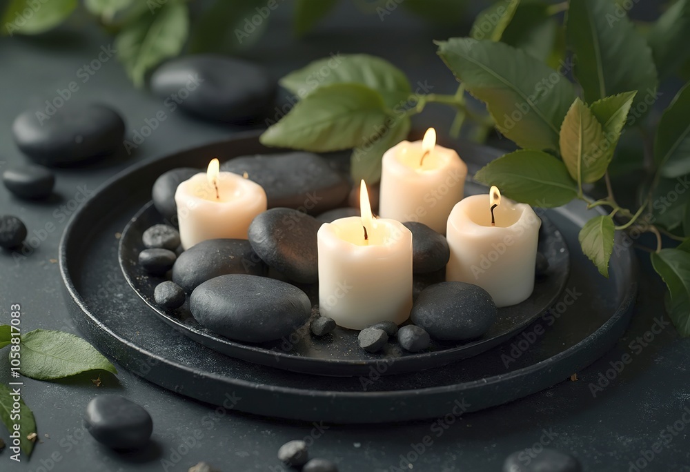 A black plate with white candles, green leaves, and smooth black stones arranged on a dark background A black plate with white candles, green leaves, and smooth black stones arranged on a dark background