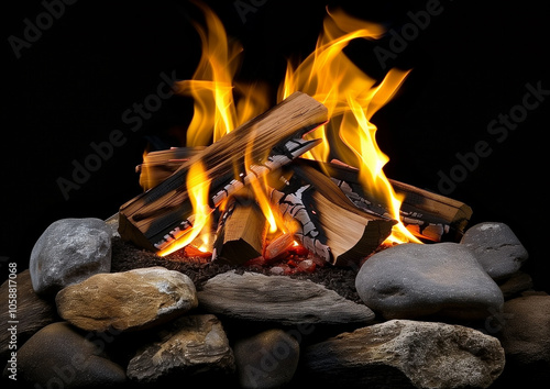 Warm glowing campfire surrounded by stones, with bright flames and wood on a dark background photo