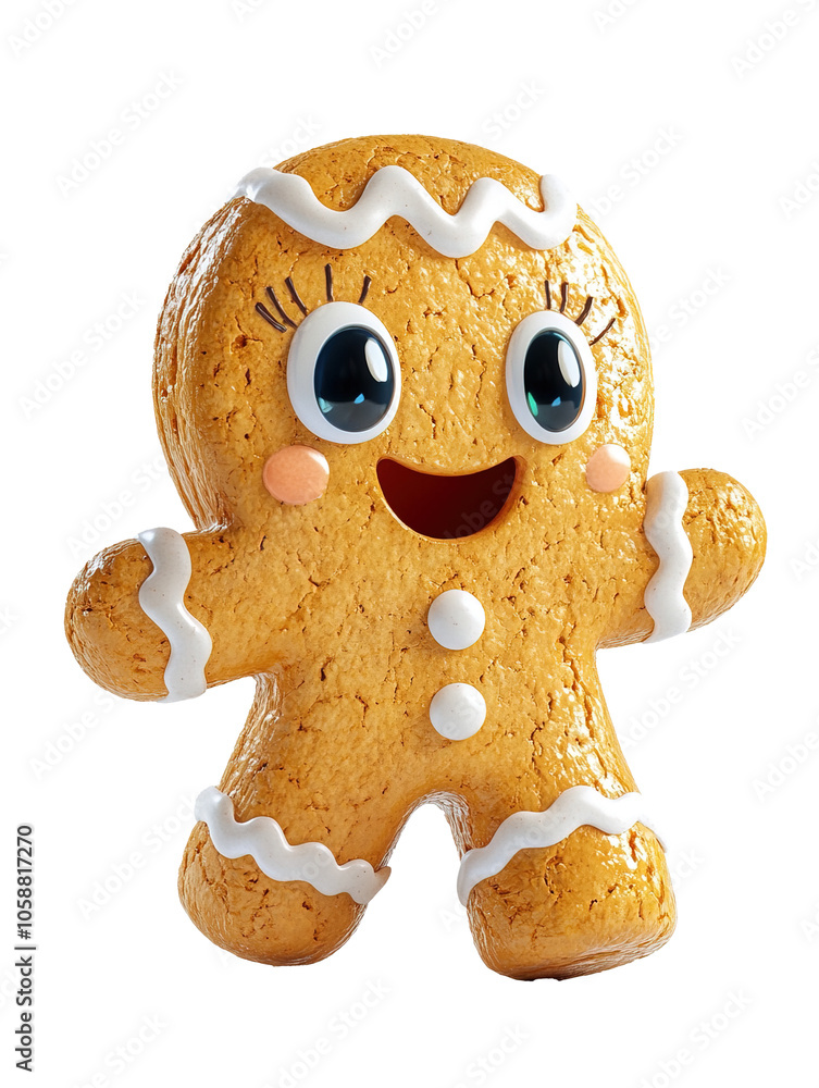 Obraz premium A cute 3d cartoon gingerbread man smiles on a white background. Christmas theme.