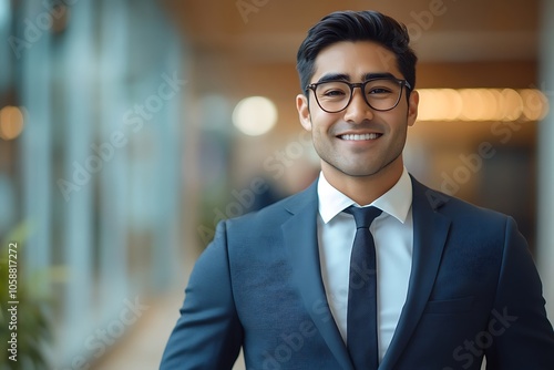 Smiling Businessman in Suit, Tie and Glasses Headshot